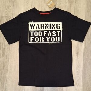 Kids Black Graphic Tee with 'Warning Too Fast For You' Print